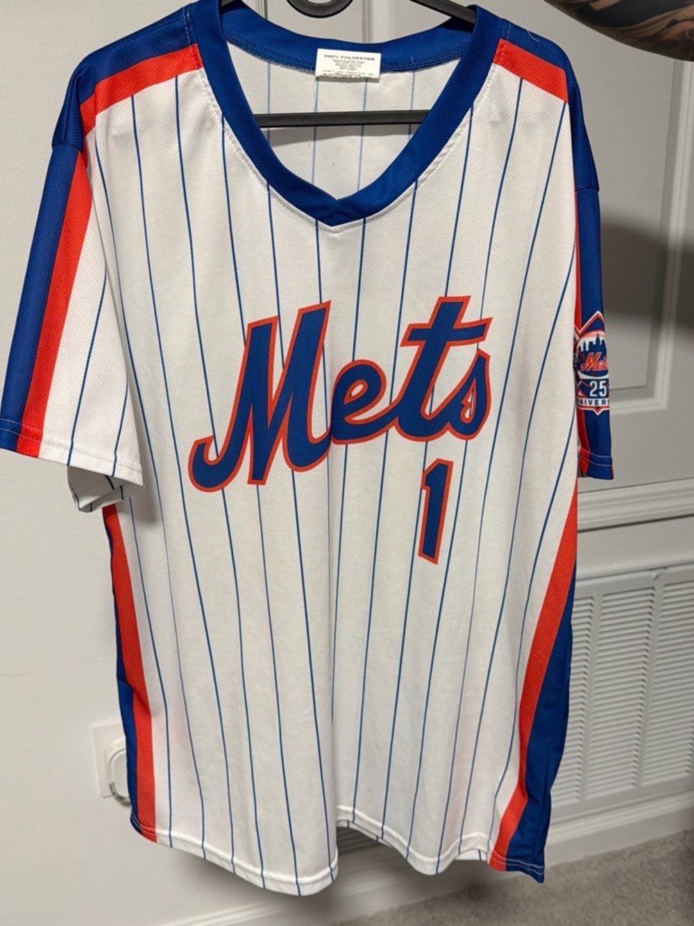 New York Mets Pinstripe Jersey Tee in White/Blue/Orange